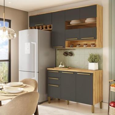 Imagem de Cozinha Modulada Compacta 3 Peças 7 Portas 2 Gavetas com Tampo e Vidro Reflecta 100% Mdf Itália Espr Amêndoa/Chumbo