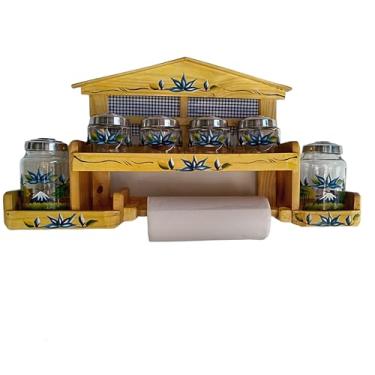 Imagem de Porta tempero de madeira maçica com vidros para condimento espaço para papel toalha