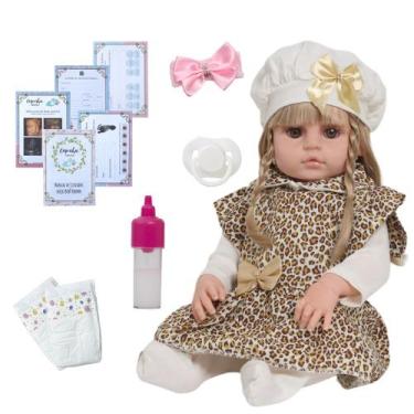 Imagem de Bebê Reborn Menina Cabelo Cacheado Vestido Xadrez 20 Itens - Cegonha R