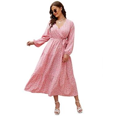 Imagem de KOJOOIN Vestido feminino plus size com decote em V cintura alta com babados e cinto, Flor branca e rosa de manga comprida, GG