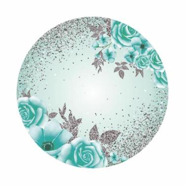 Imagem de Painel de Tecido Sublimado Redondo Flores Azul Turquesa Glitter Prata 