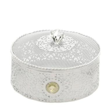 Imagem de Caixa Redonda Decorativa de Metal Branco Detalhes Vasados - Mabruk