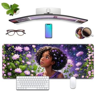 Imagem de American Black Girl Flowers Tapete de mouse para jogos com porta-copos para jogos, tapete de mouse grande estendido para decoração de mesa, bordas costuradas, base de borracha antiderrapante para