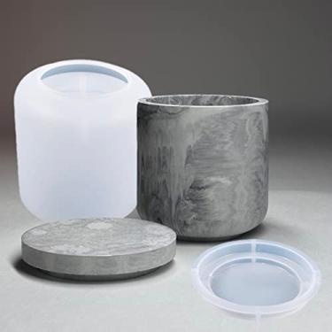 Imagem de LSLEVA Caixa de armazenamento com tampas, conjunto de moldes de pote de velas, moldes criativos de vasos de vela de silicone, listras redondas de concreto com tampa moldes para fabricação de garrafas para suporte de vela de armazenamento (D)