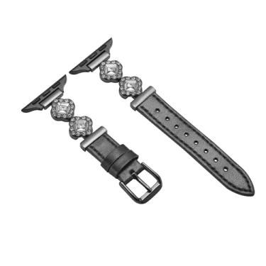 Imagem de Pulseira de couro genuíno para iWatch de 49 mm/45 mm/44 mm/42 mm/46 mm (série 10), trevo de quatro folhas + pulseira de zircão para Apple Watch Ultra 2/1 SE Series 10 9 8 7 6 5 4 3 2 1