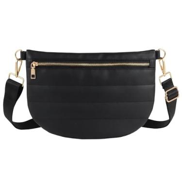 Imagem de Bolsa acolchoada de couro acolchoado para mulheres, bolsas transversais, puffy, alça de cinto, pochete de cintura de bumbum, bolsa de ombro para mulheres, Preto, 12" x 8"