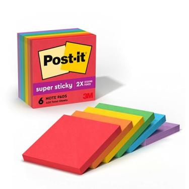 Imagem de Post-it Notas super adesivas, 7,6 x 7,6 cm, 6 blocos, 2x o poder de colagem, coleção primária divertida, cores primárias (vermelho, amarelo, verde, azul, roxo), reciclável (654-6SSAN)