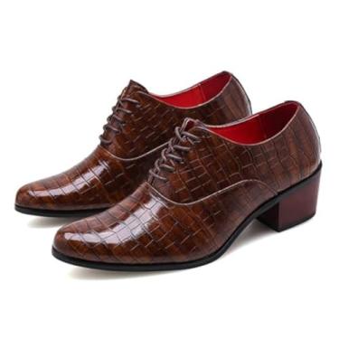 Imagem de Sapato Oxford Masculino Padrão de Pedra Salto Grosso Moda Clássico Bico Fino Cadarço Cano Baixo Formal Derby Shoes, Marrom, 38