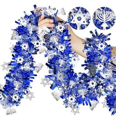 Imagem de Mosoan Decorações de Hanukkah 2 Pacotes Total de 36 Pés Guirlanda de Enfeites de Hanukkah com Menorah Estrela de David Enfeites de Prata Decoração de Flâmulas Metálicas Azuis, Decorações de Chanukah I