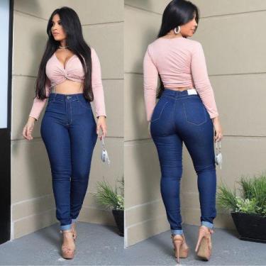 Imagem de Calça Skinny Feminina Jeans Lavagem Escura amaciada Cintura média/alta