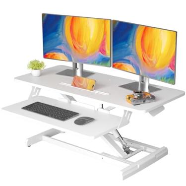 Imagem de JOY worker Conversor de mesa em pé, suporte de mesa ajustável de 89 cm de altura com bandeja de teclado, suporte para estação de trabalho de mesa para laptop, placa de partículas, branco