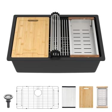 Imagem de Lordear Pia de cozinha subterrânea composta de granito pias de quartzo estação de trabalho 71 cm preto sob o balcão pias de cozinha 71 x 48 cm