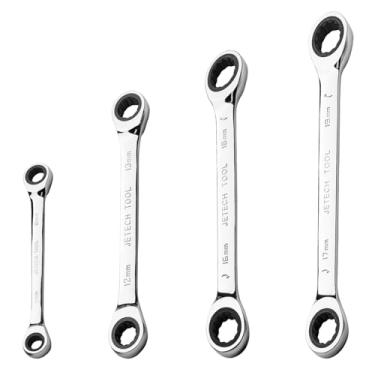 Imagem de Jetech Conjunto de 4 chaves de catraca de extremidade de caixa dupla - Chave inglesa de engrenagem de catraca Cr-V resistente, 8-10, 12-13, 16-18, 17-19, pacote em bolsa vermelha