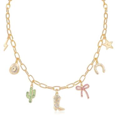Imagem de NEKOL Colar feminino com pingente de raio de cacto e laço de ferradura com estrelas, Large, Latão, Sem Pedra Preciosa