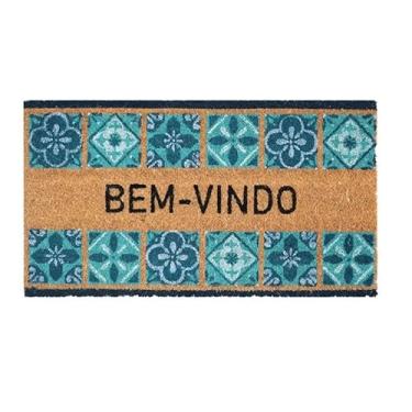 Imagem de Capacho Decorativo Bem-Vindo, Fibra de Coco, Estampa Azulejos Portugueses, 60x33cm, Azul e Natural