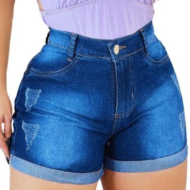 Imagem de Short Jeans Cintura Alta Meia Coxa Levanta Bumbum Lycra Pistolado - At