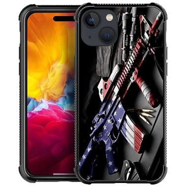 Imagem de ZHEGAILIAN Capa compatível com iPhone 15 Plus, capas masculinas com coldre de metralhadora, traseira de vidro temperado + capa protetora de choque de TPU de silicone macio para capa 15 Plus
