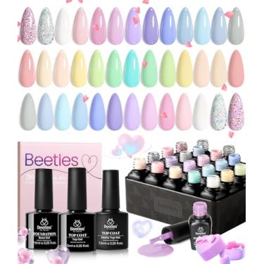 Imagem de Beetles Kit de 20 peças de esmalte em gel com 3 peças brilhantes e foscas top coat e base coat Spring Nails - Pastel Paradise Girly Colors Bright Nail Art Solid Sparkle Glitters Gel