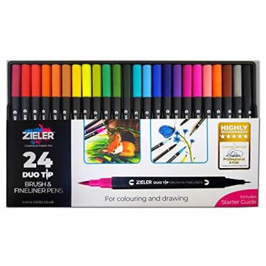 Imagem de Zieler Canetas Fineliner e canetas pincel aquarela (ponta dupla, conjunto de 24) ideais para colorir, desenhar e escrever à mão - 48 pontas - cores vibrantes - Lavável, tinta à base de água
