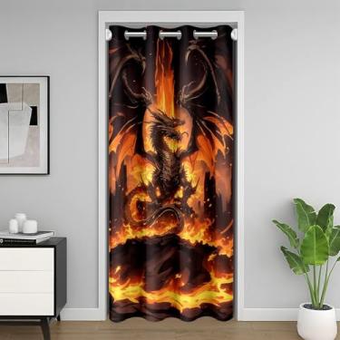 Imagem de Cortina de porta de dragão, cortina blackout de dragão chamas para porta de quarto sala de estar, laranja fogo animais ocidentais cortina de porta 1 painel, 86 cm L x 203 cm C