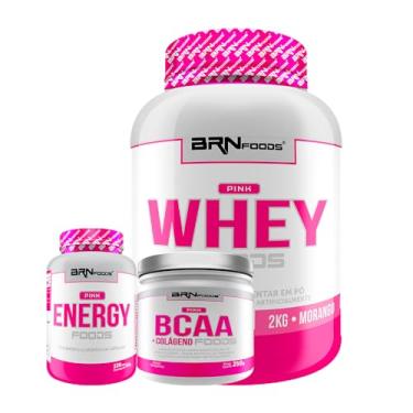 Imagem de KIT Pink Whey Foods 2kg + Pink Energy 120caps + Pink BCAA C/Colágeno 250g Tangerina - BRN Foods (Grande, Morango)