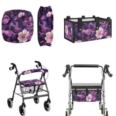 Imagem de LedBack Conjunto de acessórios de almofada floral roxa para andador capas de encosto de assento de andador bolsa de armazenamento de substituição para assento de andador e capas de barra de rolo