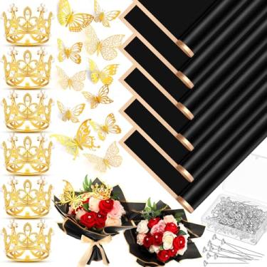 Imagem de Yeaqee 36 folhas de papel de embrulho de flores com 100 peças de broche de buquê 36 peças borboletas 3D 6 peças mini coroa dourada para decorações de buquê de flores, casamento, dia das mães