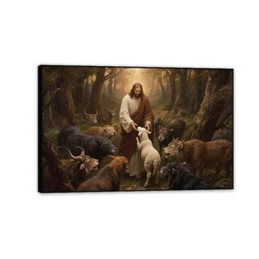 Imagem de Arte de parede em tela de Jesus e Cordeiro, pôsteres de Cristo Salva o Cordeiro Perdido, Impressão de Pôster Rei Leão Cristão Jesus Pintura Religiosa Arte Igreja Decoração de Parede Imagens 45x30 cm