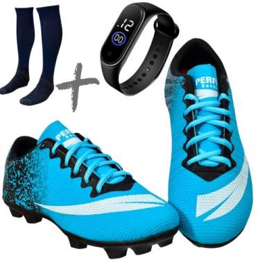 Imagem de Chuteira Campo Adulto Infantil com meião e Relogio Colada e Costurada 