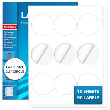 Imagem de JollyTrip Adesivos redondos de 6 cm, papel adesivo imprimível para impressora, folhas de adesivos circulares brancos, papel adesivo de jato de tinta para impressora (10 folhas, 90 etiquetas)