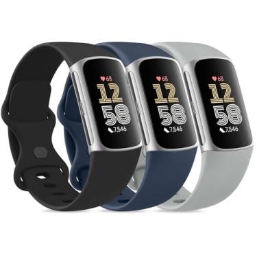 Imagem de Amzpas Pulseiras para Fitbit Charge 6 para mulheres e homens, pacote com 3, pulseira esportiva de silicone macio ajustável à prova d'água para Fitbit Charge 5
