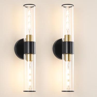 Imagem de Daunton Arandelas De Parede Para Banheiro Pretas E Douradas, Conjunto De 2 Arandelas Com Fiação, Arandela De Parede Moderna Com Vidro Transparente, Arandelas De Banheiro Sobre O Espelho, Luminárias