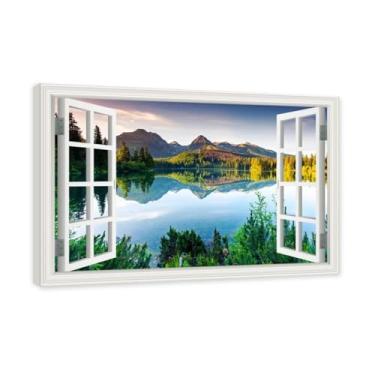 Imagem de PY3H69 Arte de parede em tela de janela aberta, impressão natural em tela. Lindo cenário de montanha 7,6 cm, decoração de parede de paisagem de janela, decoração de casa moderna. Moldura interna de 60
