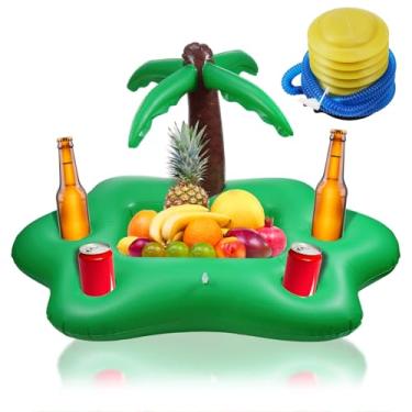 Imagem de Suporte de bebida flutuante inflável para piscina, 4 furos, cabana, bar, piscina, boia, bandeja de comida de água para adultos, banheira de hidromassagem, festa de natação, frutas, bebidas, lanche com