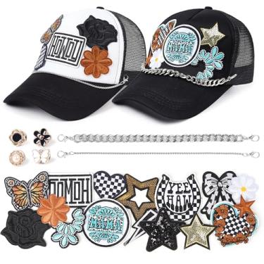 Imagem de Meneng Chapéus de caminhoneiro ocidentais 2 peças: bonés pretos ajustáveis com 16 adesivos bordados e 2 correntes - Conjunto de chapéus de cowboy vaqueira DIY para uso diário Rodeio Country Show