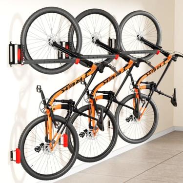 Imagem de Suporte de parede giratório para bicicleta com 3 unidades, cabides de bicicleta para garagem, suporte vertical para bicicleta que economiza espaço, comporta até 35 kg, suporte de parede de bicicleta