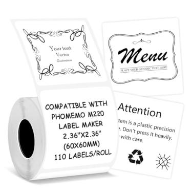 Imagem de Etiquetas térmicas compatíveis com impressora de etiquetas NIIMBOT B3S/K3, compatíveis com impressora de etiquetas Phomemo M221/M220/M120/M200/M250, 60 x 60 mm, 110 etiquetas/rolo, preto sobre branco
