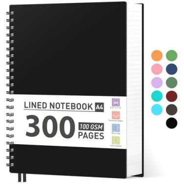 Imagem de AHGXG Caderno espiral com pauta universitária – Caderno espiral de 21,5 cm x 28 cm grande A4, diário forrado com 300 páginas, papel grosso de 100 GSM, capa dura de plástico, para mulheres e homens, escritório, escola, trabalho de escrita, preto