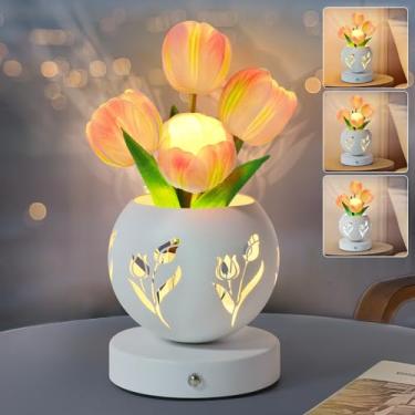 Imagem de Strackvial Candeeiro de mesa de tulipa, luz noturna de flor artificial com escurecimento de toque em 3 cores, flor de LED recarregável sem fio com lâmpada de vaso, luminária de vaso de metal para
