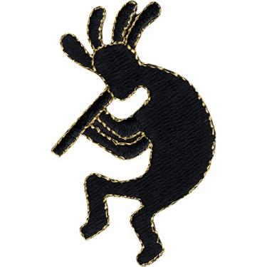 Imagem de Kokopelli Patch bordado a ferro/costurado, Preto, dourado, 1.5" x 2.5"