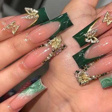 Imagem de RTKHFZE 24 Peças De Unhas Postiças Longas, Verdes, Ponta Francesa, Quadradas, Glitter Dourado, Com Desenhos Borboletas 3D, Cola Em Bastão Artificial Para Mulheres