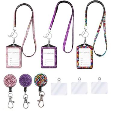 Imagem de Cordão de pescoço de cristal 3 em 1, suporte de crachá de identificação brilhante, suporte de cartão de nome de trabalho com strass retrátil para professoras enfermeiras médicas (rosa, roxo, arco-íris