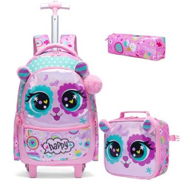 Imagem de ZBAOGTW Mochila escolar com rodinhas para meninas com rodinhas para meninas, Gato rosa
