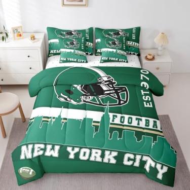 Imagem de Erosebridal Jogo de lençol solteiro de futebol americano, 7 peças, para fãs de futebol americano, verde, decoração de quarto de jogos de rúgbi, colcha de competição de bola esportiva (cidade de Nova