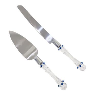 Imagem de FISHBONE Conjunto de faca e servidor de bolo de casamento de aço inoxidável com design de anéis azuis náuticos delicados - conjunto de corte de bolo perfeito para casamentos e ocasiões especiais
