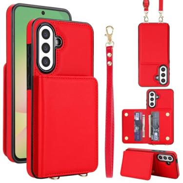 Imagem de Capa carteira de couro PU para Samsung Galaxy A56 5G, 4 compartimentos para cartão e 2 compartimentos para dinheiro, bloqueio RFID, alça destacável, capa com suporte antiarranhões e à prova de choque