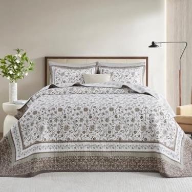 Imagem de FineStichery Colchas Queen extragrandes 304.8 cm x 259.1 cm - 100% algodão Super King, estampa floral marrom fazenda, cobertor acolchoado extragrande, conjunto de cama GG reversível leve, 3 peças
