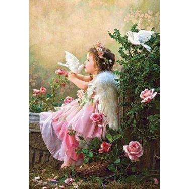 Imagem de ROSTITCH Kits de ponto cruz pré-impressos para iniciantes, adultos, ponto cruz, kits de bordado de bordado de fada de jardim com rosas rosas e asas brancas para decoração de casa 48 x 61 cm (E021)