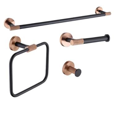 Imagem de Conjunto de banheiro preto e ouro rosa - Suporte para papel higiênico e toalheiro de aço inoxidável 304 - Kit de montagem em parede, conjunto completo 09