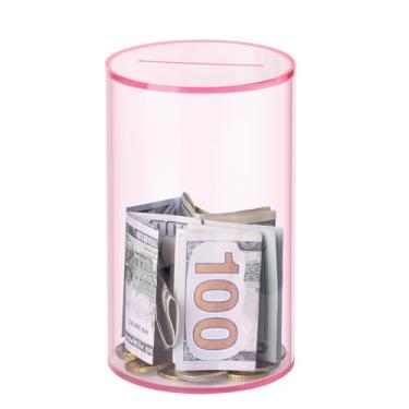 Imagem de Hicocool Cofrinho transparente para adultos e crianças devem quebrar para abrir, cofrinho de acrílico rosa para economia de dinheiro (15 cm A x 9 cm D)